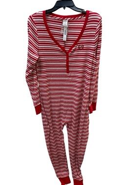 NEW!!! PINK Victoria's Secret Red & White Striped  Pajama Onesie ladies sz xl